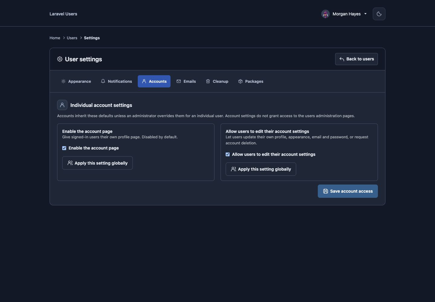 Global account access and individual override settings