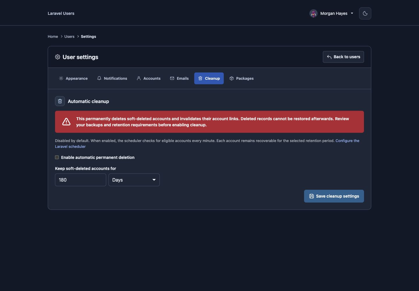 Disabled account cleanup with destructive-action warning