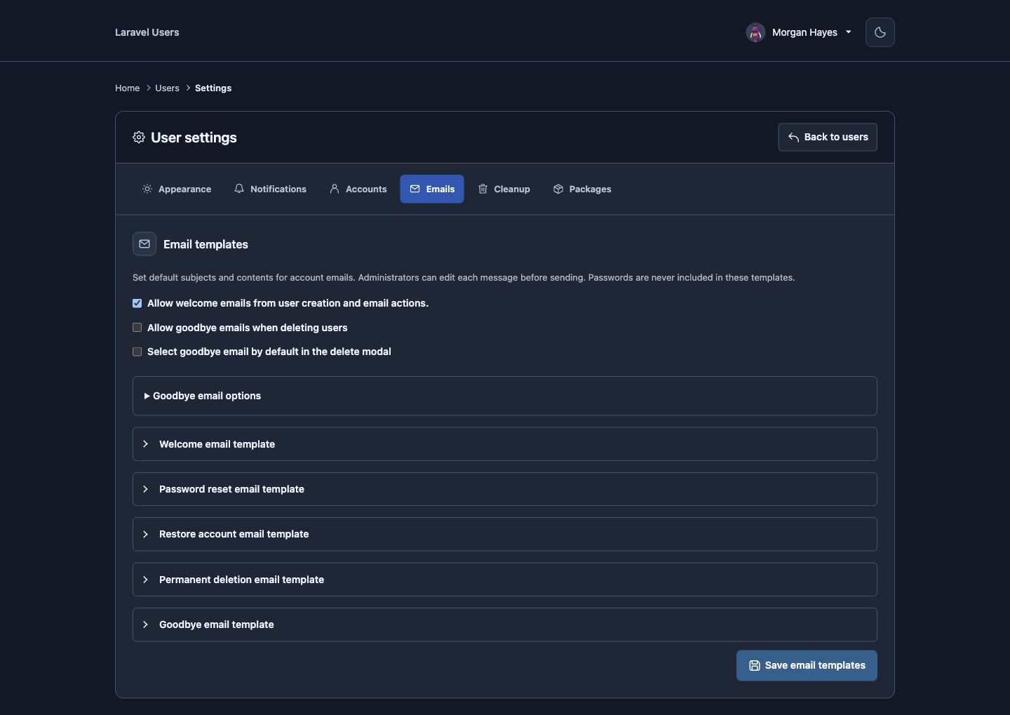 Global welcome email and template settings