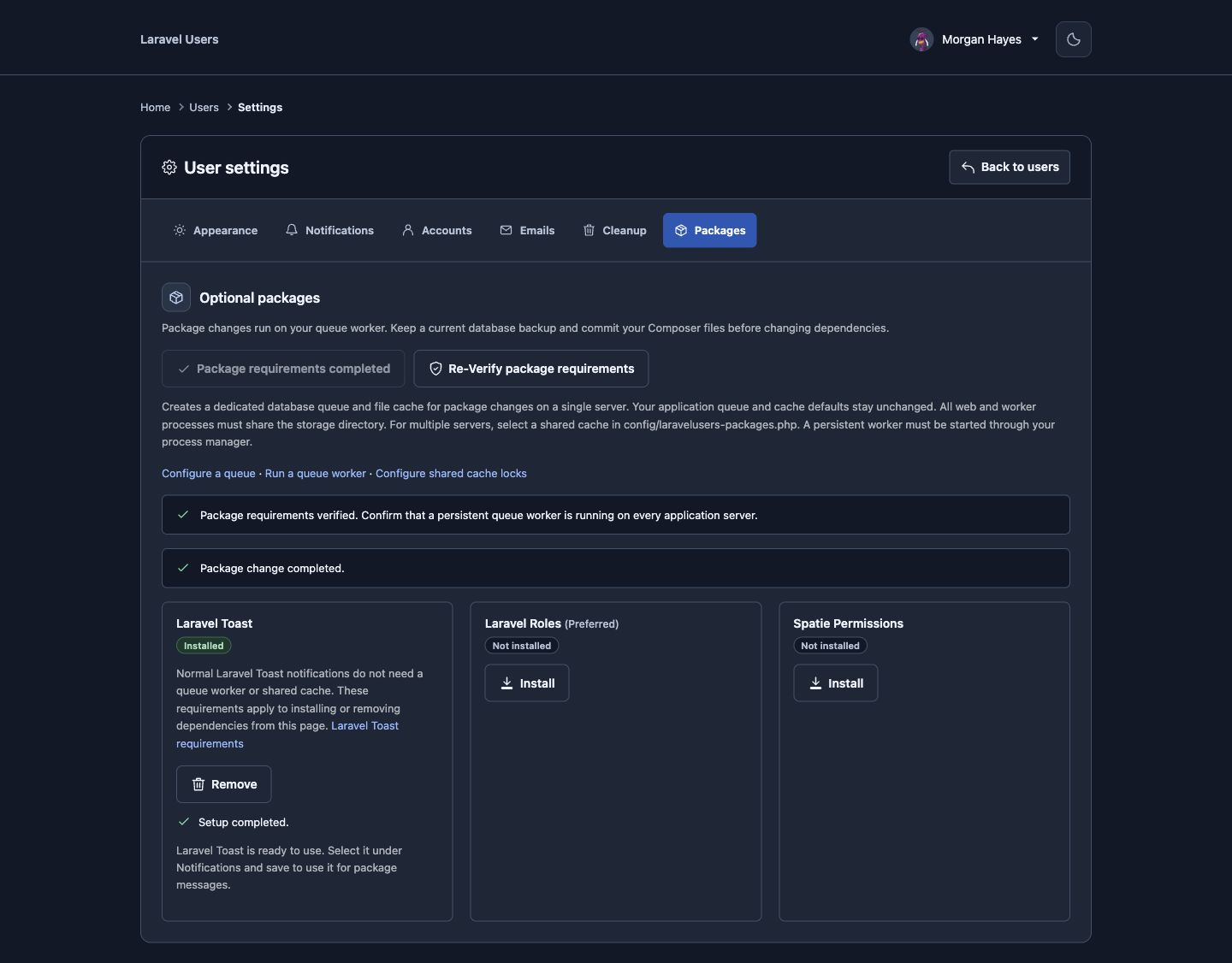 Optional package settings with completed Toast setup displayed as a checked sentence